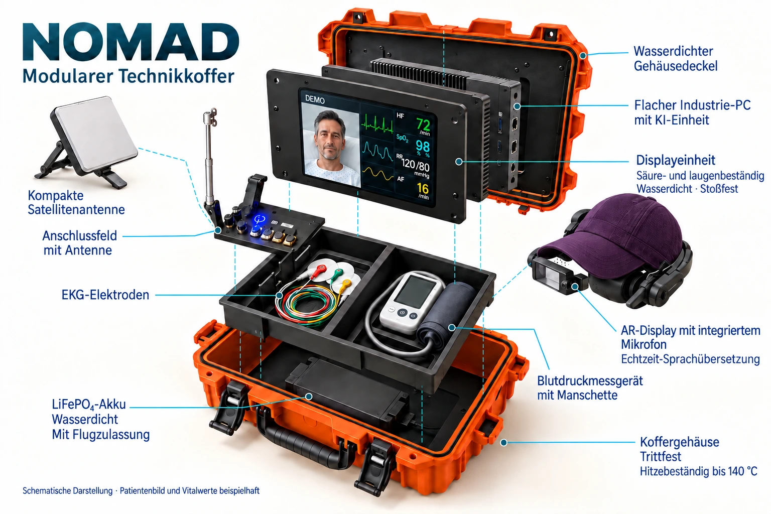Konzeptdarstellung eines orangefarbenen NOMAD-Koffers mit EKG-Elektroden, Blutdruckmessgerät und Bildschirm zur Unterstützung aus der Ferne